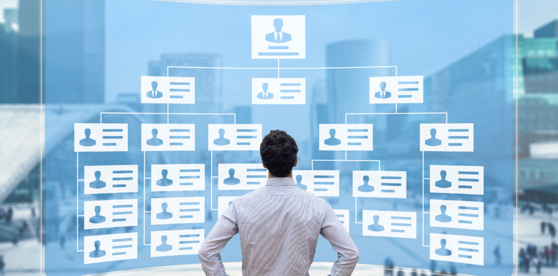 Organization chart showing hierarchy structure of teams in corporation with CEO, directors, executives and employees. Human Resources Manager working with HR organizational diagram, career concept