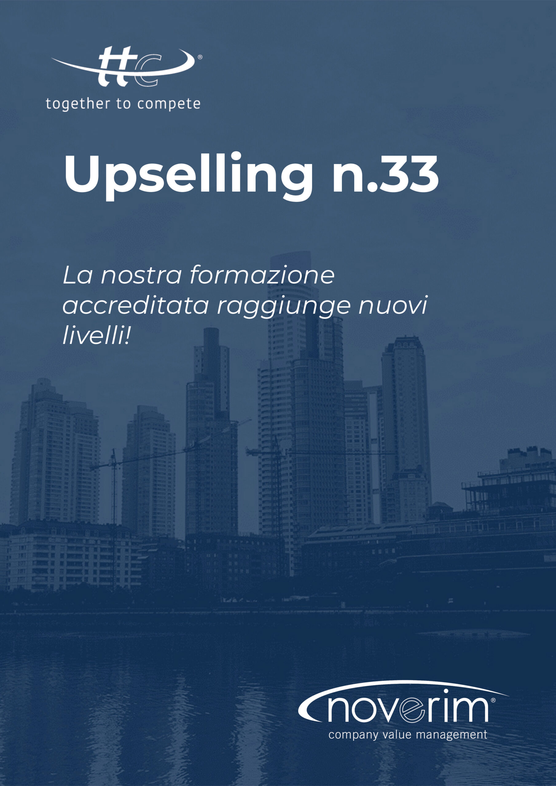 Città moderna con gradiente blu, loghi e scritte in sovraimpressione