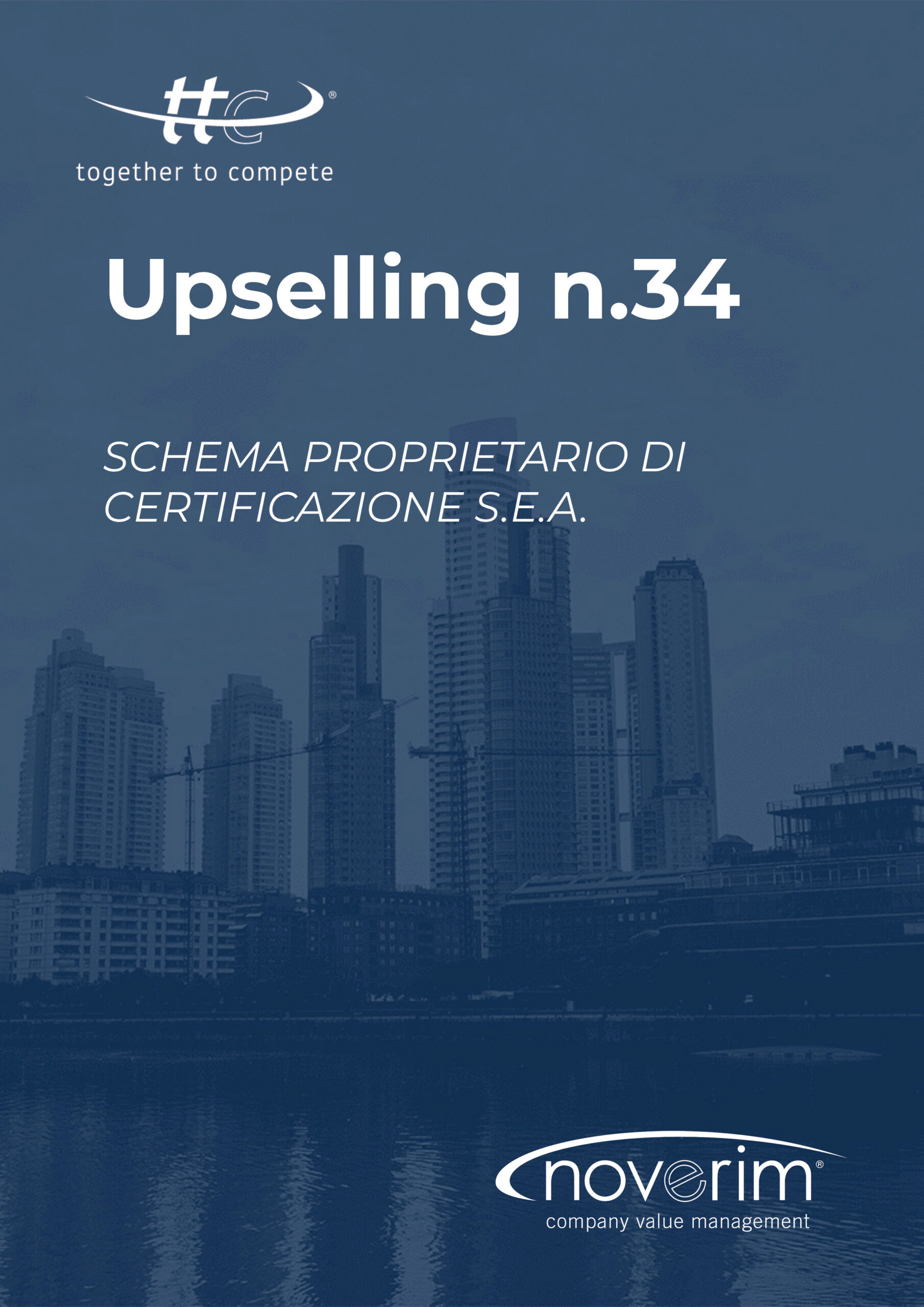Città moderna con gradiente blu, loghi e scritte in sovraimpressione