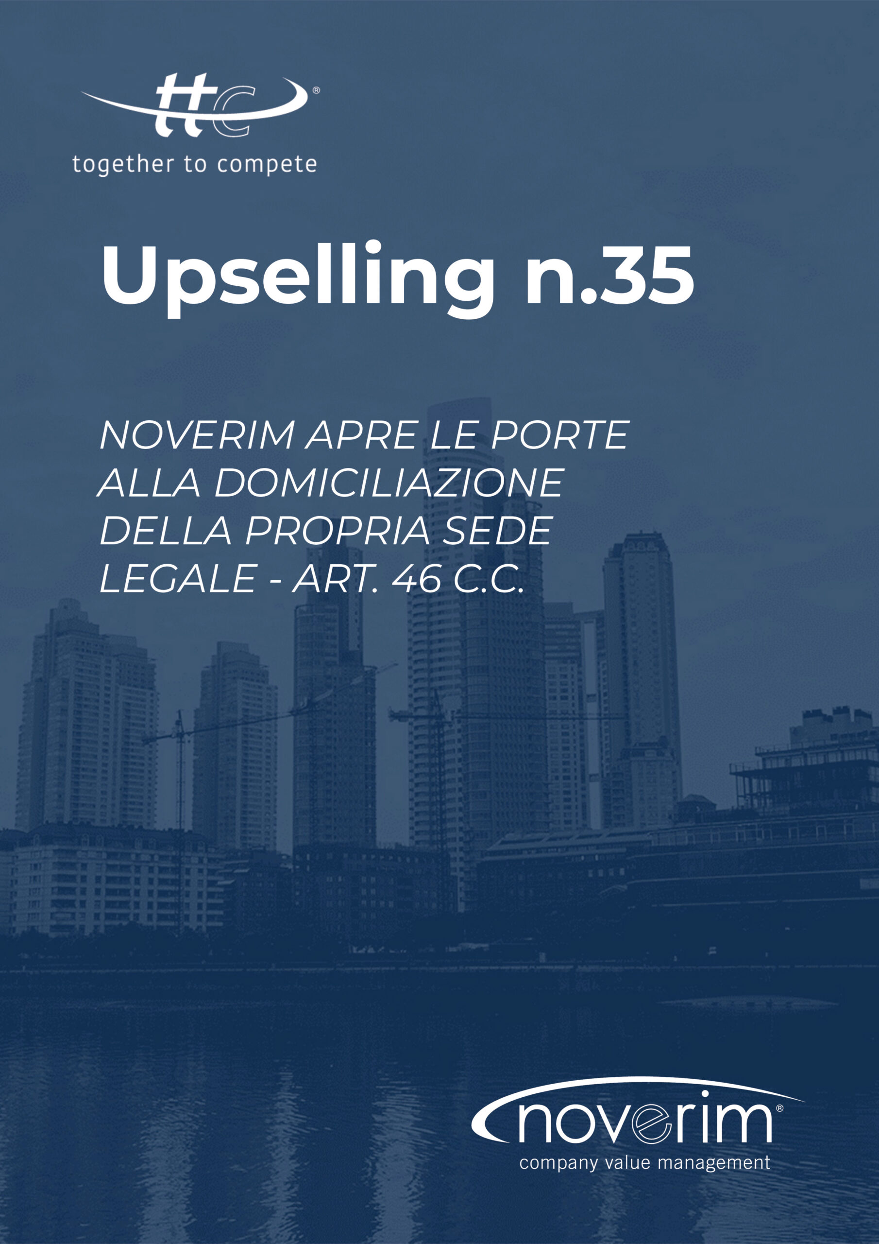 Città moderna con gradiente blu, loghi e scritte in sovraimpressione