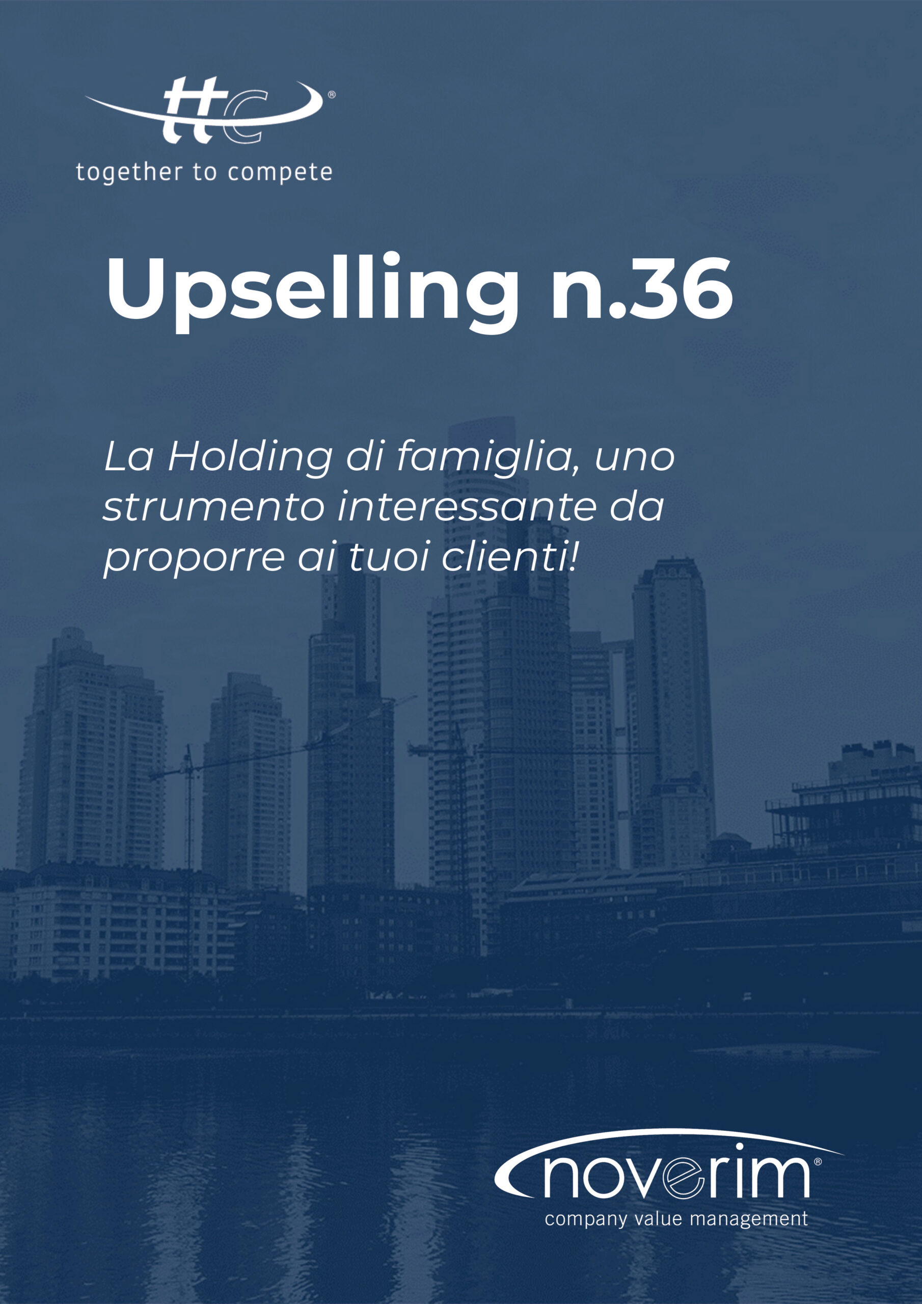 Città moderna con gradiente blu, loghi e scritte in sovraimpressione
