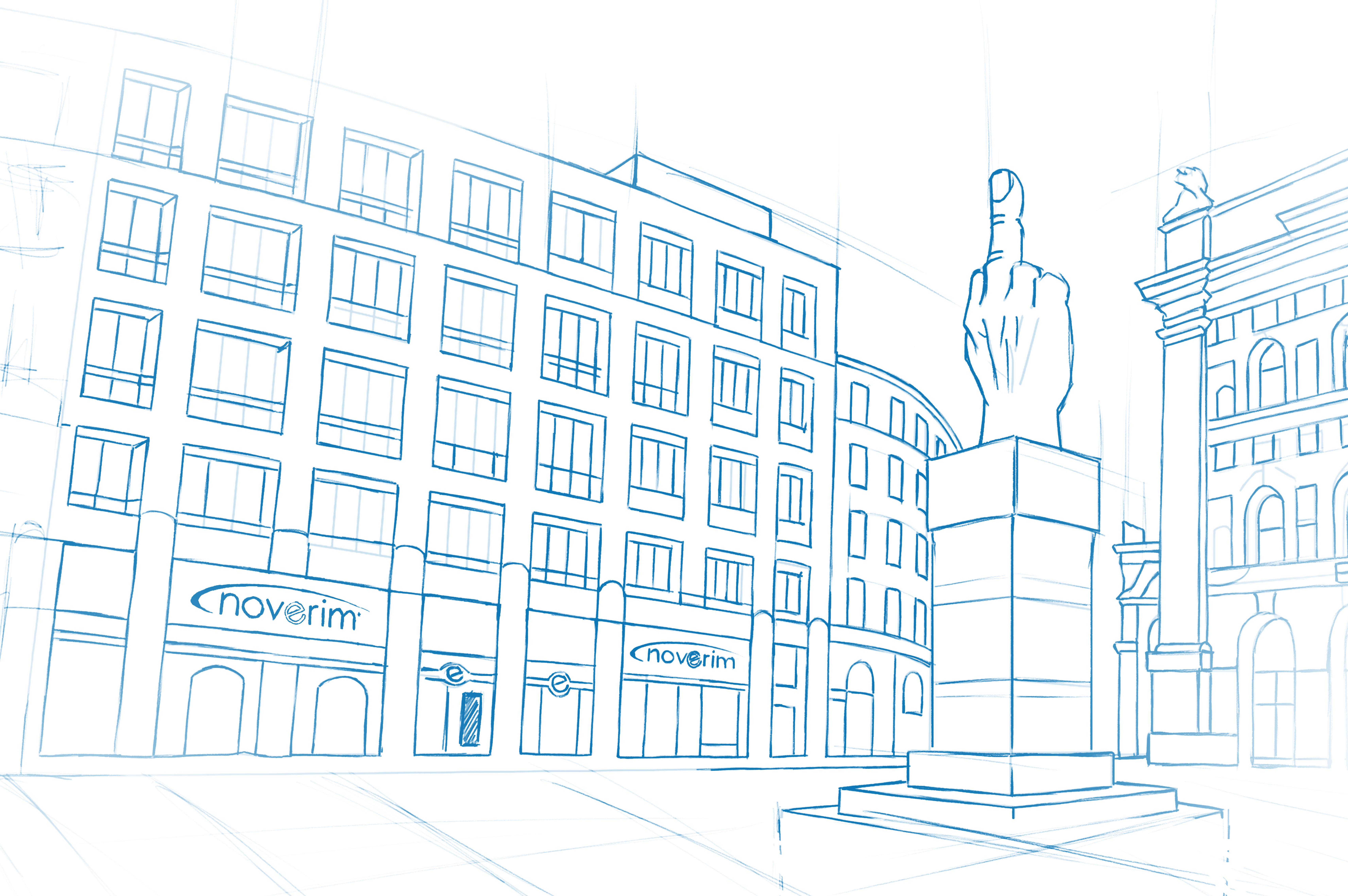 Disegno dello scorcio di Piazza Affari si vede l'insegna Noverim