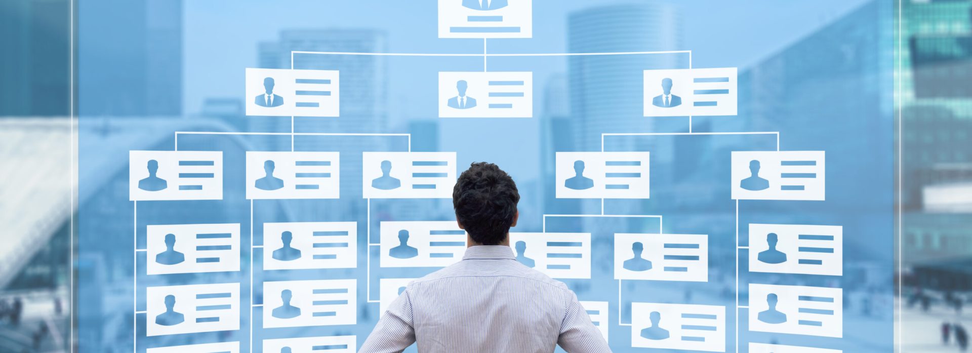 Organization chart showing hierarchy structure of teams in corporation with CEO, directors, executives and employees. Human Resources Manager working with HR organizational diagram, career concept